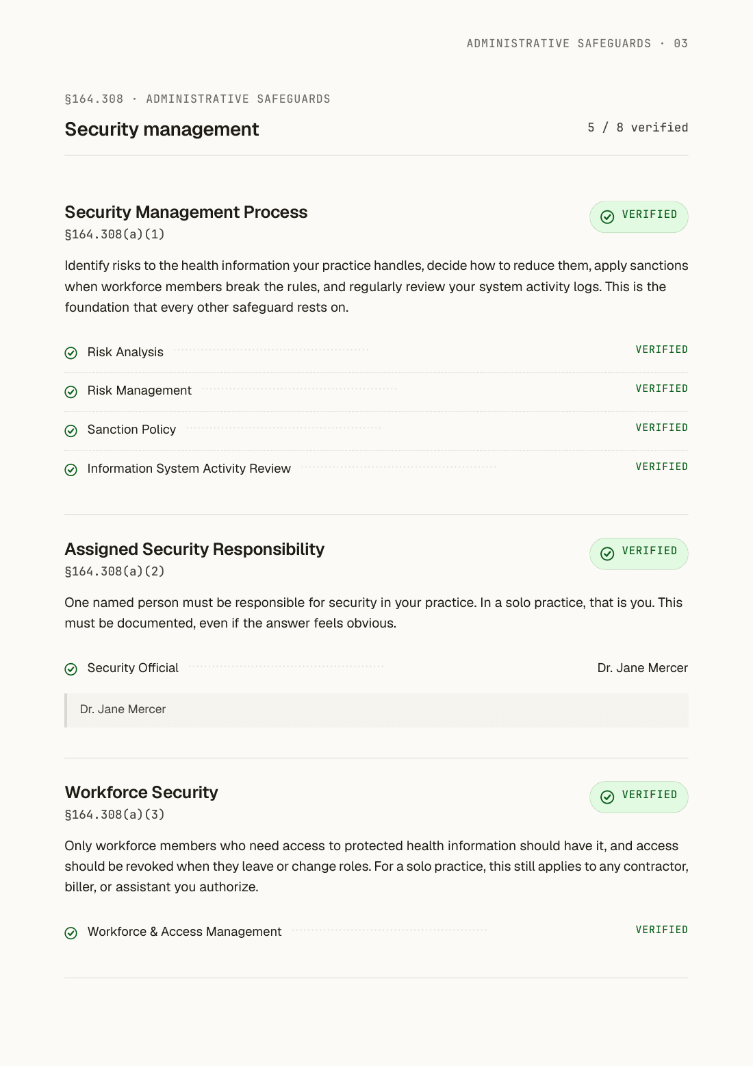 A real page from a HIPAAPath Practice Security Manual — §164.308 Administrative Safeguards, showing the Security Management Process, Assigned Security Responsibility, and Workforce Security standards, each marked verified.